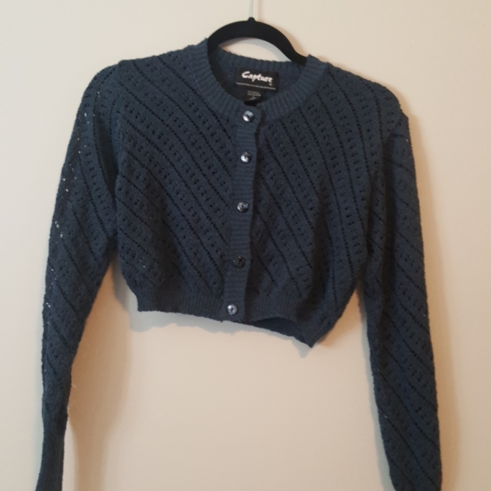 Capture Crocheted blue crop top button-up sweater